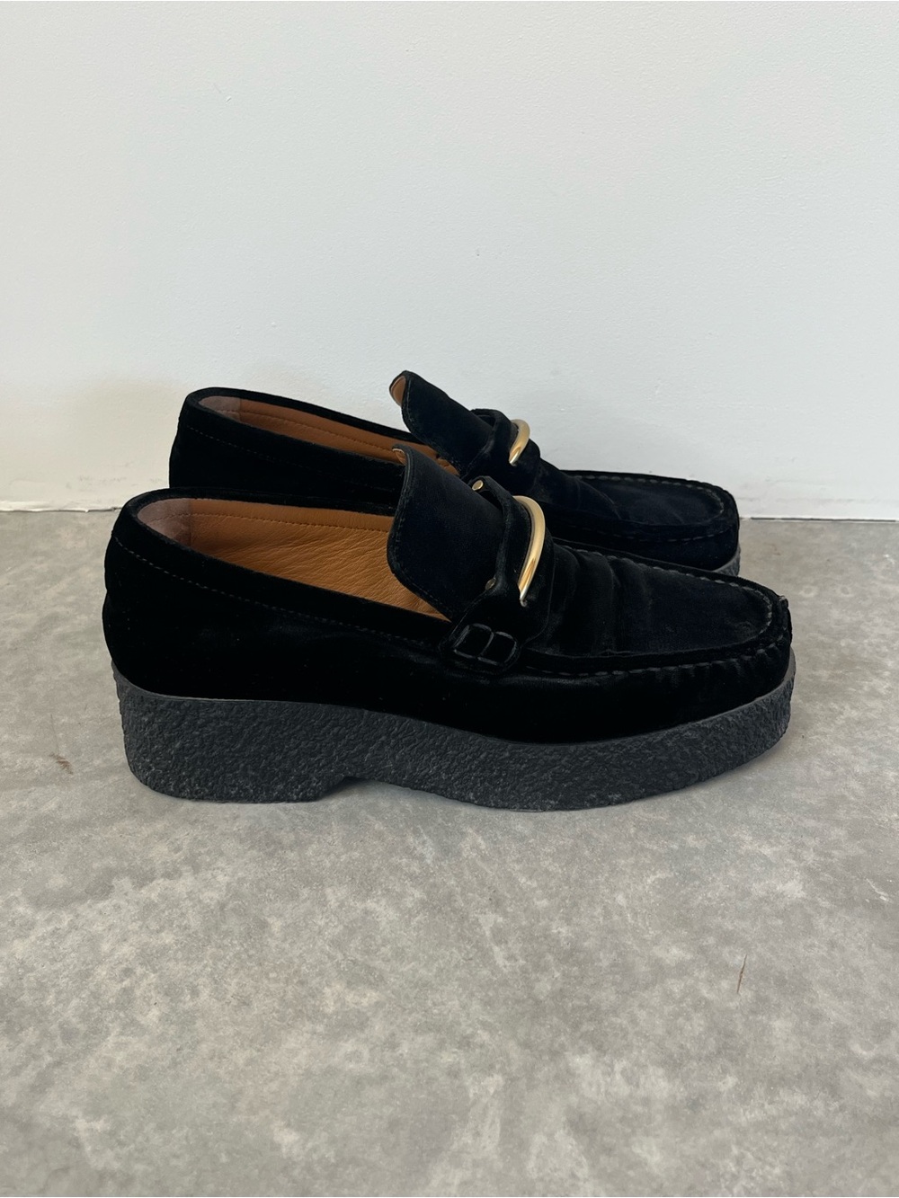 Celine Black Velvet Platform Loafers with Gold Hardware